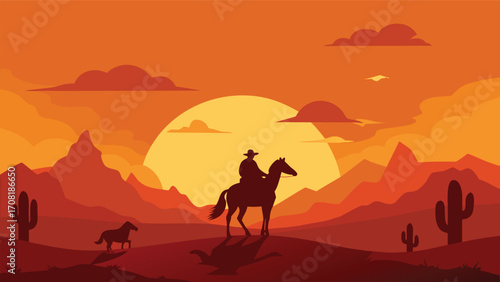Lone cowboy rides across vast desert landscape during golden sunset vector illustration eps