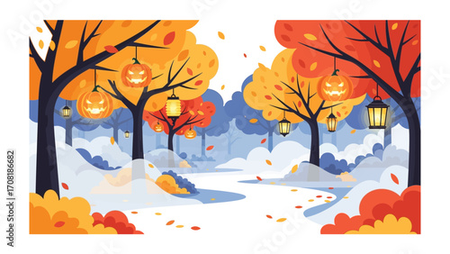 Enchanted Autumn Forest: A captivating illustration of a mystical autumn landscape, illuminated by the soft glow of lanterns and Jack-o'-lanterns amidst vibrant trees and falling leaves.