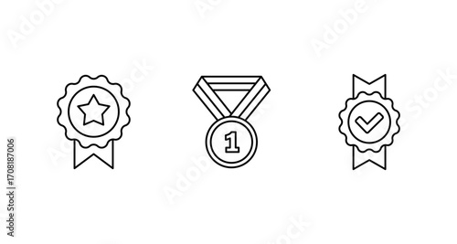 Outline icons of award medals and ribbons for achievement and recognition