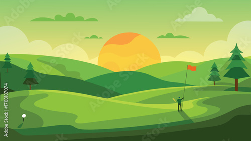 Lush green golf course sunrise serenity dewdrops peaceful morning landscape vector