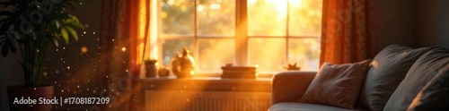 Sunbeams stream through a window, illuminating dust motes dancing in the air, creating a magical, ethereal glow in a cozy room Perfect for themes of serenity, home, and light , home, relaxation