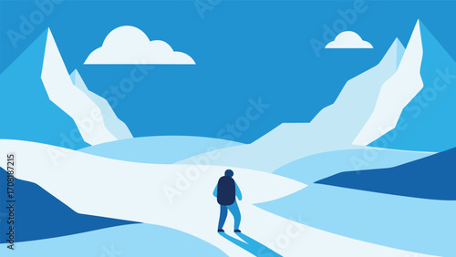 Lone arctic explorer treks across vast snowy tundra under dramatic sky vector eps
