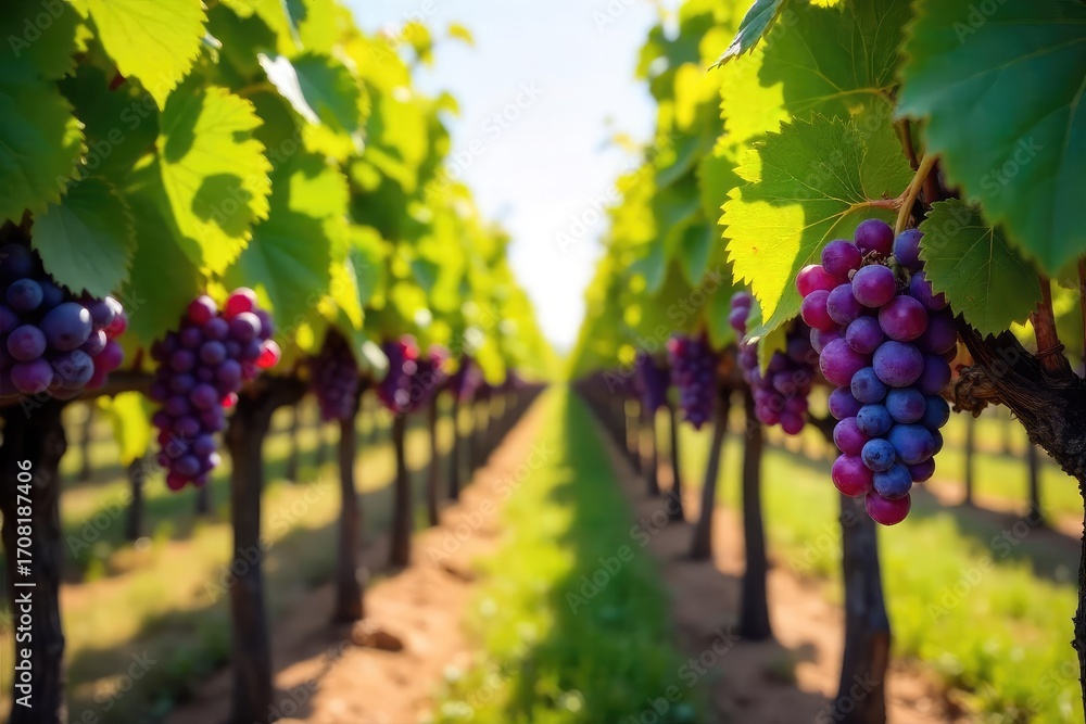Naklejka premium Sunlight dapples rows of ripening grapes hanging heavy on the vine in a picturesque vineyard, ready for harvest The idyllic scene showcases the beauty of wine production , organic, fruit, outdoor