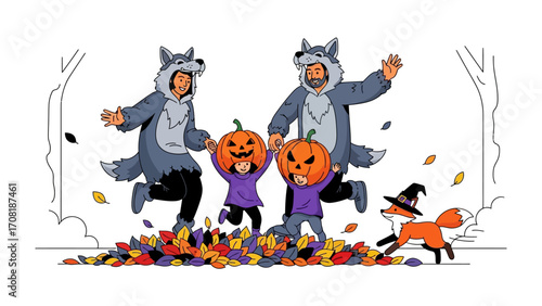 Family Halloween Celebration: A heartwarming illustration captures a family's spirited Halloween fun, with parents and children reveling in wolf costumes, and holding pumpkin heads.