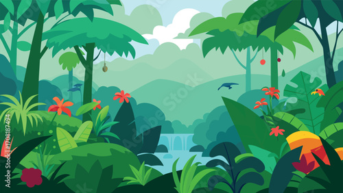 Vibrant tropical rainforest landscape illustration exotic flora fauna nature vector scalable eps