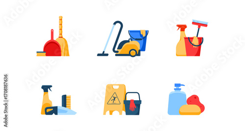 Colorful cleaning tools collection featuring vacuum and cleaning supplies in flat style