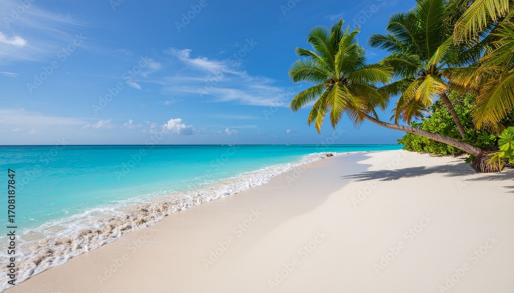 Obraz premium A breathtaking view of a tropical beach features turquoise water meeting the white sand. Palm trees offer shade along the shoreline on a clear sunny day, creating a tranquil and inviting paradise.