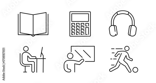 Educational and office icons: book, calculator, headphones, desk, board, sports