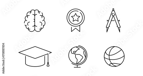 Education icons in linear style featuring brain, award, compass, graduation cap, globe, and basketball