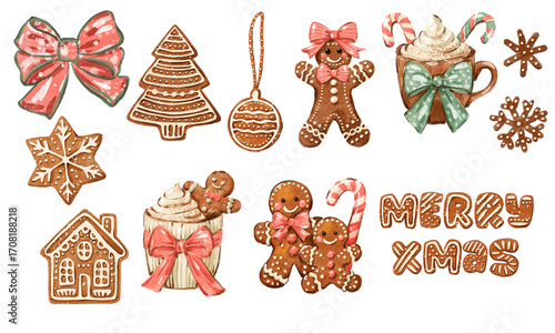 Collection of hand-drawn Christmas gingerbread cookies. Festive food illustration set with gingerbread man, house, tree, and hot chocolate, isolated on white background