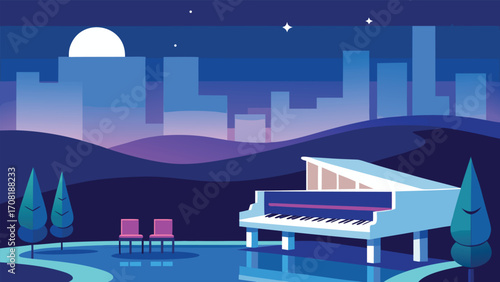 Luxurious hollywood mansion grand piano evening cityscape vector illustration scalable eps