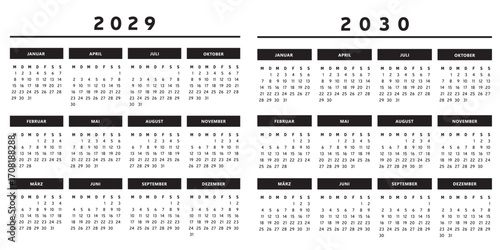 Calendrier 2029 et 2030 en Allemand - Couleurs Noir et Blanc Format 4 Trimestres Vecteur