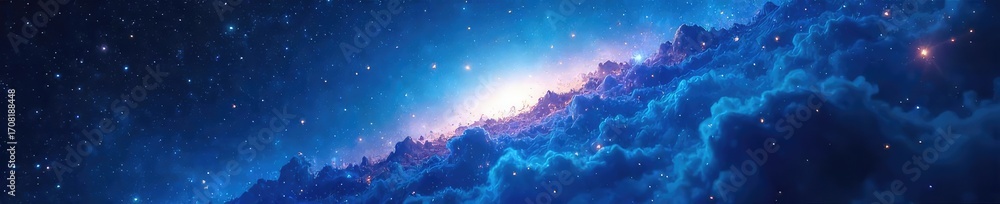 Naklejka premium Vast expanse of blue nebula, cosmic dust and gas swirling in a mesmerizing celestial dance Intricate details showcase the beauty of deep space exploration , starlight, space