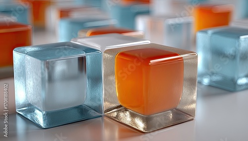 Abstract geometric shapes, translucent cubes in varying colors