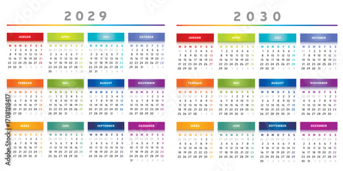 Calendrier 2029 et 2030 en Allemand - Couleurs Arc-en-Ciel Multicolore Format 4 Trimestres Vecteur