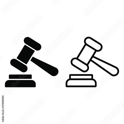 Black and white icons of a judge s gavel and sounding block