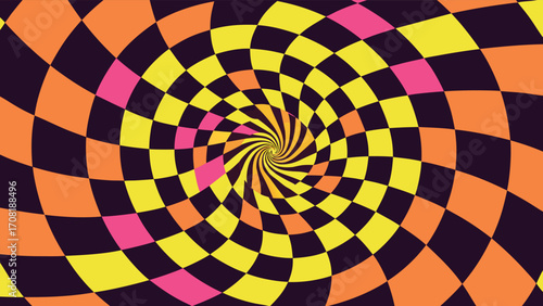 Psychedelic Swirling Checkerboard Vortex in Orange Yellow and Pink vector illustration