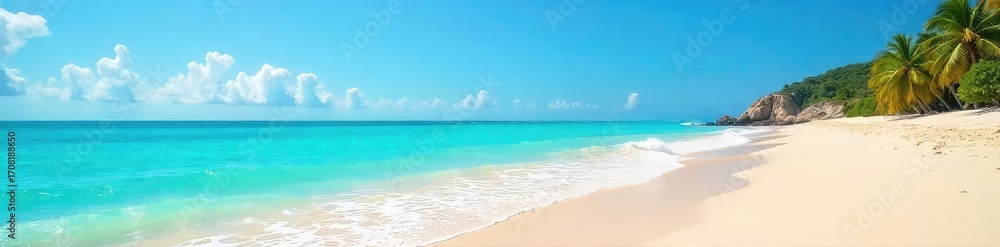 Fototapeta premium Turquoise Ocean Meets Sandy Beach Tranquil Vacation Scene Under a Clear Blue Sky