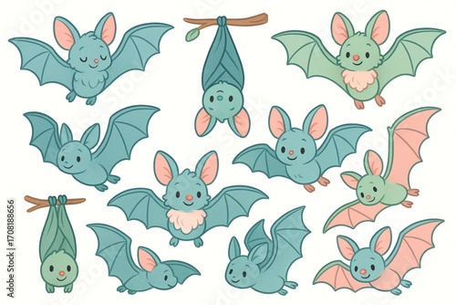 Cartoon vector illustration of cute bats in various flying and hanging poses