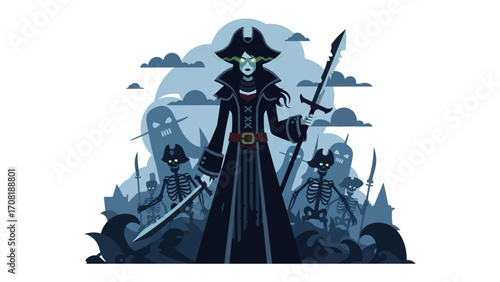 The Pirate Queen: A striking pirate queen stands tall amidst a ghostly crew, a symbol of dominance, cunning, and adventure against a backdrop of stylized illustration. This scene blends fantasy.