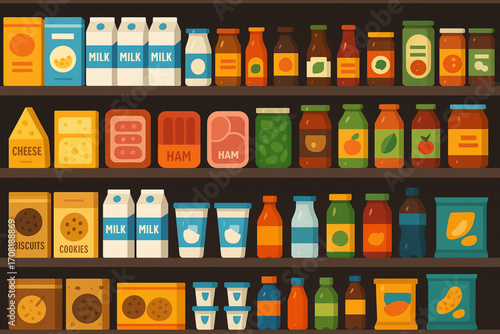 Vector illustration of a supermarket grocery store shelf fully stocked with food and drinks