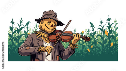 Melody in the Maize: A whimsical scarecrow serenades a field of corn with a passionate violin performance, set against a backdrop of nature's bounty.