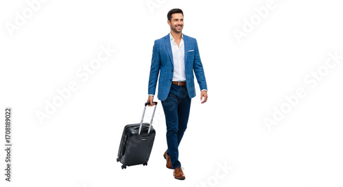 Confident businessman in a blue suit walking with a black rolling suitcase, suggesting business travel and professional success on a white background