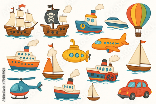 Cartoon vector illustration of colorful vehicles and vessels including ships, planes, and cars