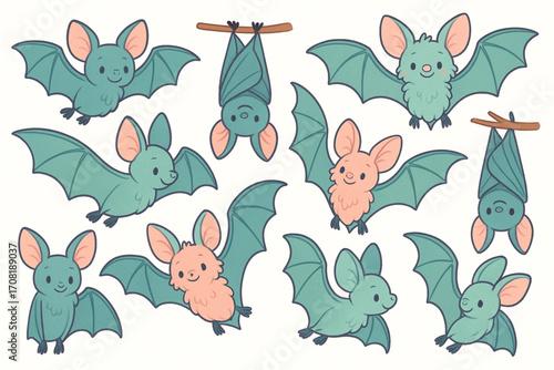 Cartoon vector illustration of cute bats in various flying and hanging poses
