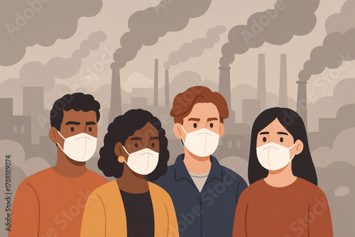 Cartoon vector illustration of diverse people wearing face masks in polluted city