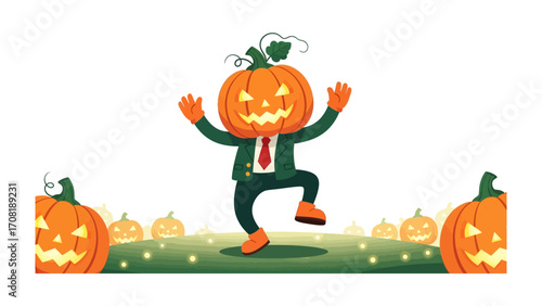 Dancing Pumpkin Head in Festive Attire: An illustrated figure of a grinning pumpkin head, sporting a dapper outfit, joyfully dances against a backdrop of glowing pumpkins.