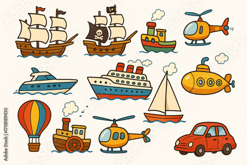Cartoon vector illustration of colorful vehicles and vessels including ships, planes, and cars
