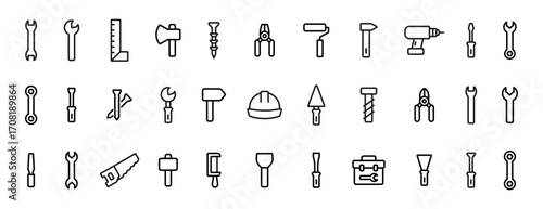 Tools, repair outline icon set. Hammer, wrench, drill, saw, helmet line icons. Vector icons