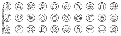 Allergen free outline icon set. Gluten, fish, nuts, lactose, GMO free line icons. Vector icons