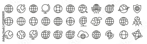 Globe, world outline icon set. Planet, earth, global, internet, geography line icons. Vector icons.