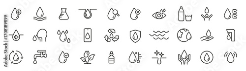 Water outline icon set. Drop, liquid, recycle, purity, hydration line icons. Vector icons