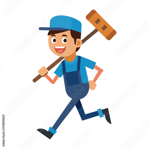 Happy Plumber Carrying Plunger Vector Illustration