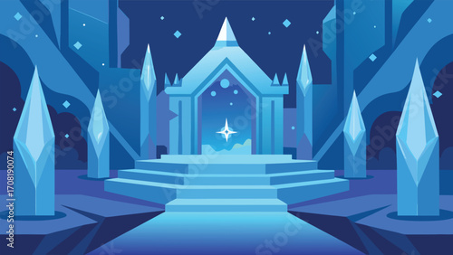 Magical winter ice palace grand entrance stairs illuminated crystal architecture frozen fantasy scene