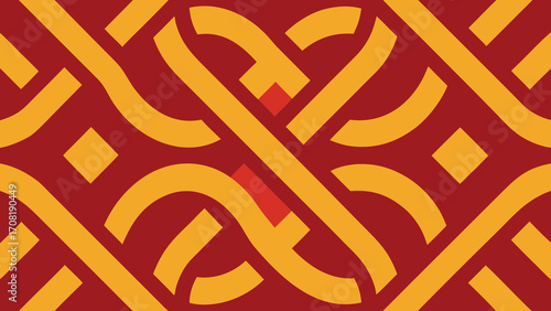 Red and Yellow Interlocking Geometric Pattern with Diamond Shapes Keywords: pattern, geometric, interlocking, red, yellow, orange, diamond, shape, design, background, symmetrical, abstract