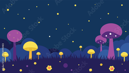 Enchanting magical meadow with glowing fireflies and dreamy mushrooms at night