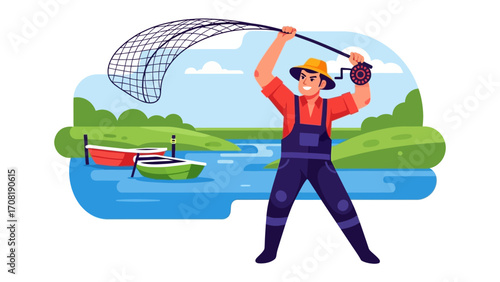 A Fisherman Casting His Net: An animated depiction of a fisherman poised to cast his net, capturing the essence of angling. Illustrating a tranquil waterscape with boats in the background