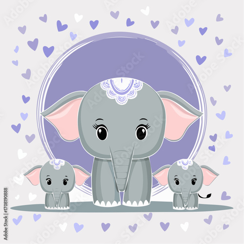 Charming illustration of a loving Indian elephant mother with her two adorable baby calves