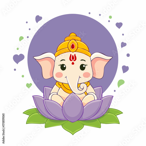 Adorable cartoon illustration of the beloved Indian deity Lord Ganesha sitting in a purple lotus flower