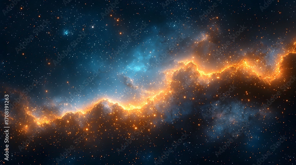 Obraz premium A vibrant cosmic nebula with glowing orange and blue clouds illuminated by countless stars in deep space