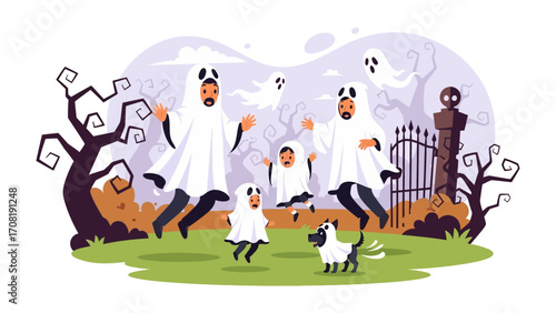 Family Ghostly Halloween Celebration: A lively family, dressed in charming ghost costumes, frolics joyfully amidst a whimsical Halloween scene.