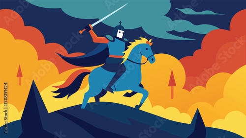Medieval knight warrior on horseback charging with sword vector illustration