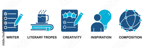 Creative writing icon set In Blue Monochrome Flat Design vector illustration concept for writer, literary tropes, creativity, idea, inspiration, and composition