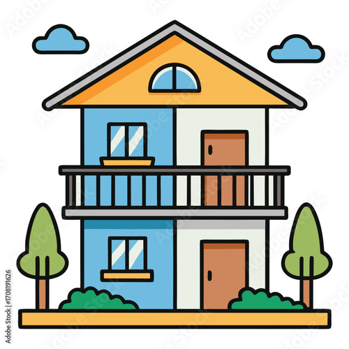 Vector illustration of a cartoon residential house with a roof, a window, and a door, a symbol of real estate and home architecture design