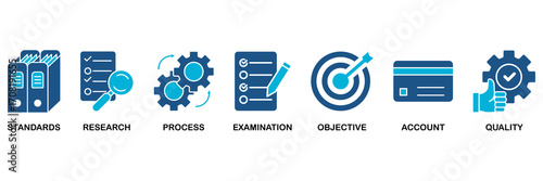 Audit icon set In Blue Monochrome Flat Design vector illustration concept for standards, research, process, examination, objective, account, and quality