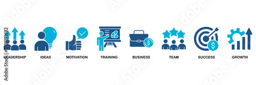 Learn and lead icon set In Blue Monochrome Flat Design vector illustration concept for leadership, ideas, motivation, training, business, team, success, and growth